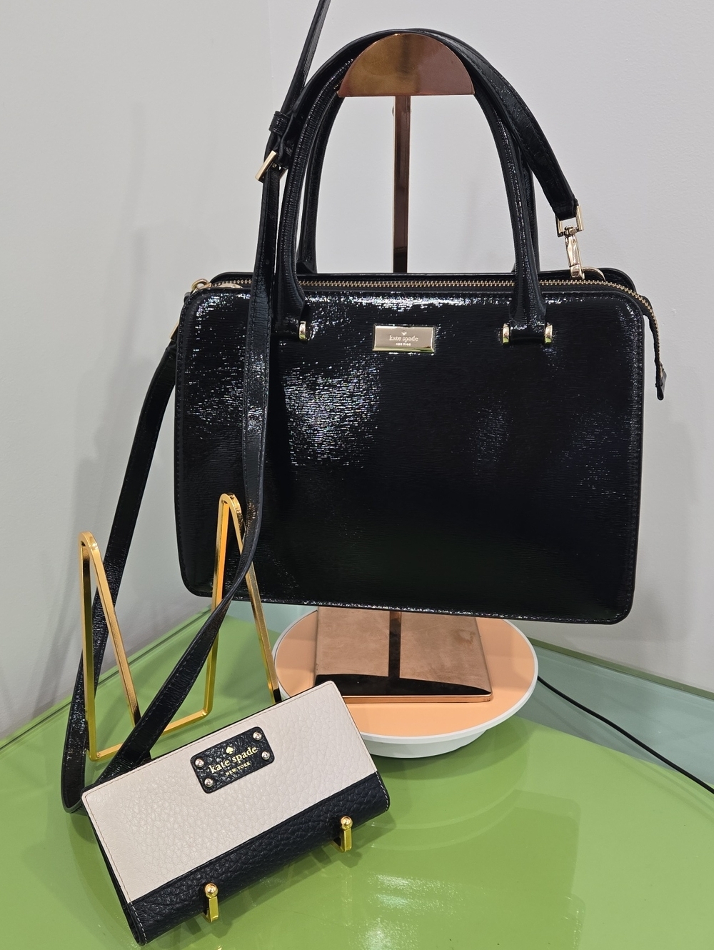 Kate Spade Bixby Place Black Patent Satchel with Gold Hardware and Wallet